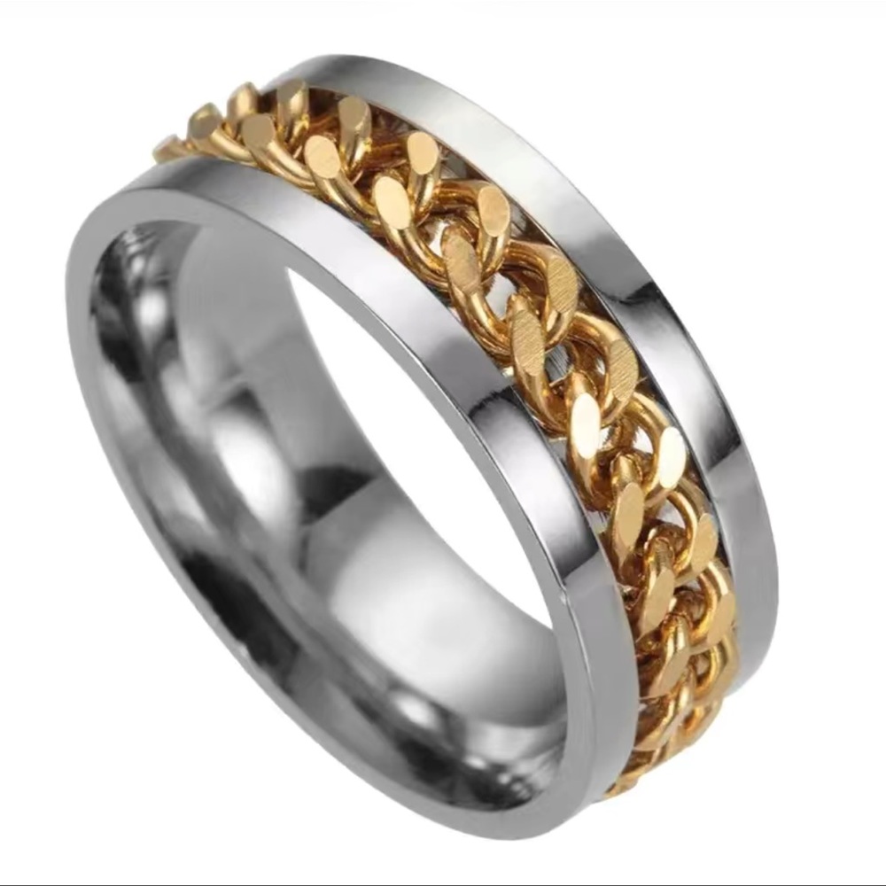 🔴 CLEARANCE🔖NWT 2-TONE STAINLESS STEEL ROTATING CHAIN RING WEDDING BAND Size 9